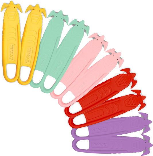 T TOVIA Safety Box Cutter Knife - Recessed Stainless Steel Blade | 10-Pack Plastic Cutter in 5 Colors