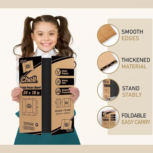 Chell Mini Trifold Poster Board - 16" x 24" Black Corrugated Project Boards | 2 Pack