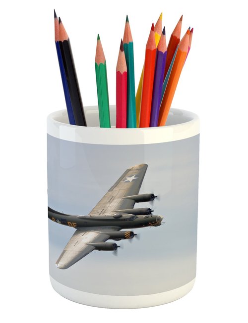 Lunarable Airplane Pencil Pen Holder, Memphis Belle Boeing B17 Flying over Shoreham Retro Airfield Technology Image, Ceramic Pencil Holder for Desk Office Accessory, 3.6" X 3.2", Pale Purpleblue