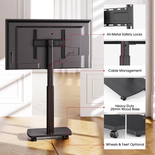 AOKCOS Portrait to Landscape Rolling TV Stand with 12°Tilt, Mobile TV Cart with Wheels for 32 to 55 65 Screens/Monitors, Portable TV Stand on Wheels for Home Office with Wooden Base, Black
