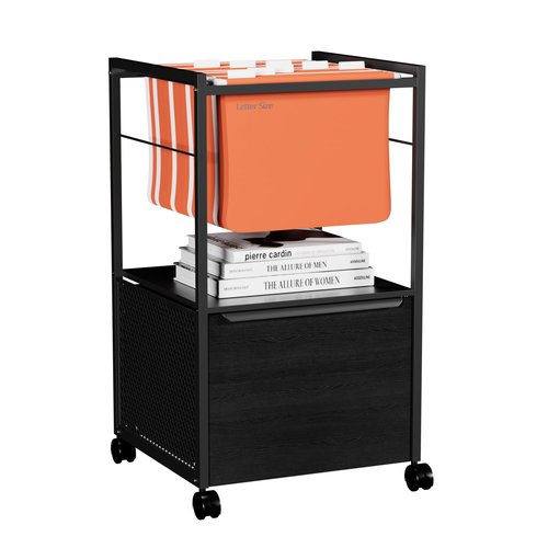 VECELO Printer Stand with Open Storage Shelf, Rolling File Cabinet with Fabric Drawer, Small Side Table for Bedroom,Living Room,Vintage Leather Pull Design, Black
