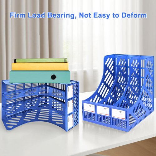 GLUWEE Desk File Organizer 3 Sections Upright Mesh Desktop Organizer File Sorter Letter Paper File Holder for Home, Office & Classroom- Blue
