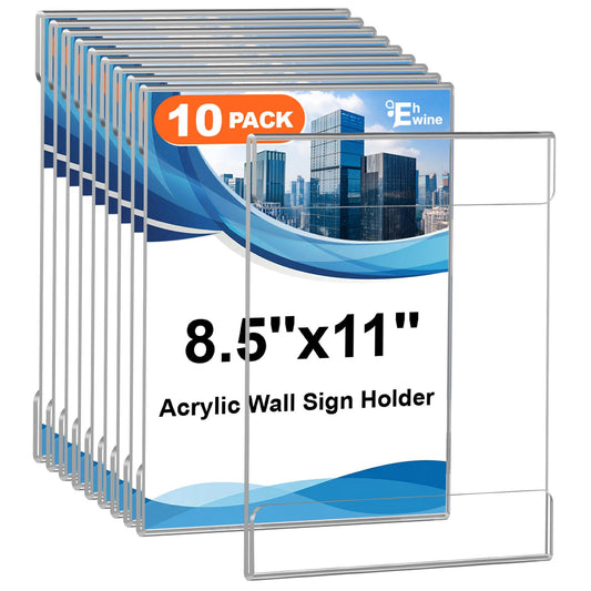 EHWINE 10 Pack 8.5x11 Wall Mount Acrylic Sign Holder, Wall Signs Photo Menu Flyer Display Holders, Plastic Clear Acrylic Frames for Office Home Hotel Business Store (with Adhesive Tape)