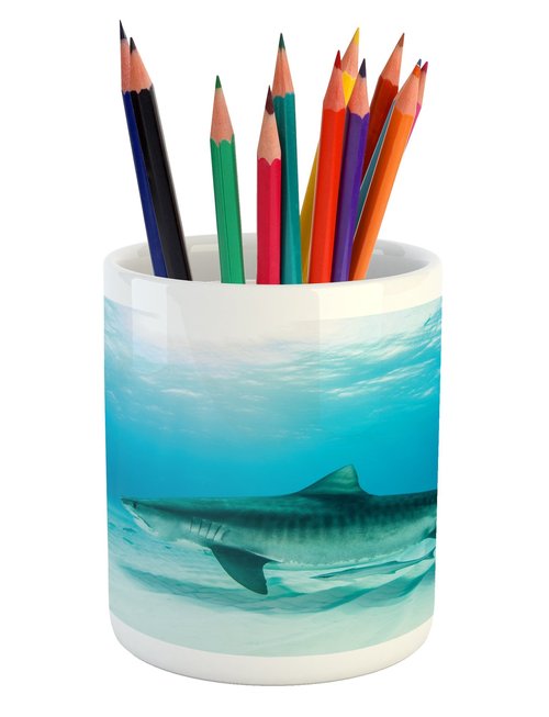 Lunarable Shark Pencil Pen Holder, Tiger Shark at The Bottom of The Ocean Danger Wild Life Nature Image Print, Printed Ceramic Pencil Pen Holder for Desk Office Accessory, Turquoise