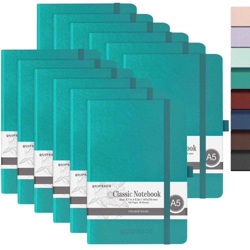 12Pack Lined Hardcover Journal Notebook, A5 192 Pages 100Gsm Thick Paper College Ruled for School,Note Taking,Work,Diary，5.7''*8.3'',Turquoise