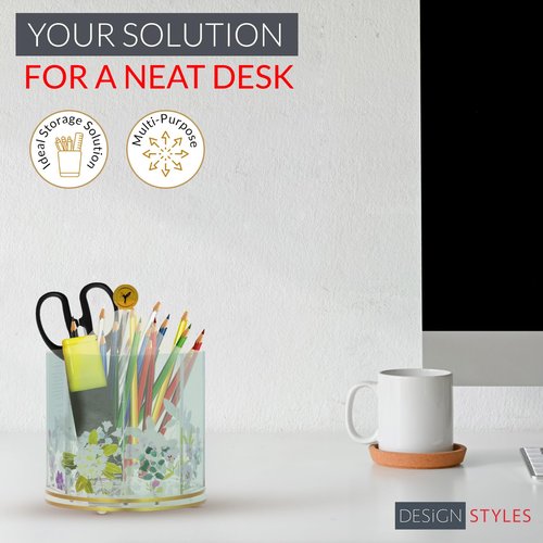 Papyrus Acrylic Pen Holder for Desk – Green Aqua Spinner Organizer with Double Sided Floral Prints – Small Desktop Stationary Organizer for Pens, Pencils, Markers, and More – Office Supplies
