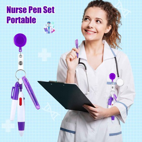 Dunzoom 240 Pcs Nurse Pen Set Back to School Gift Include Retractable Shuttle Pens Mini Tip Highlighters Marker Pens Badge Clips Appreciation Gifts for Nursing Assistant Student School Staff