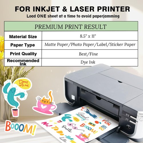 JAGERGREEN Printable Vinyl Sticker Paper for Inkjet & Laser Printers, 20 Sheets 8.5x11 Inch White Matte Sticker Paper Waterproof for Custom Stickers, Labels, Decals, Crafts