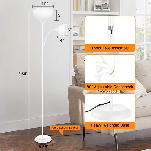OUTON LED Floor Lamp, 70" Tall Torchiere Floor Lamp, Adjustable Reading Light, Modern Dimmable Standing Lamp with Remote Control & Foot Switch, Corner Lamp for Living Room Bedroom Office, White