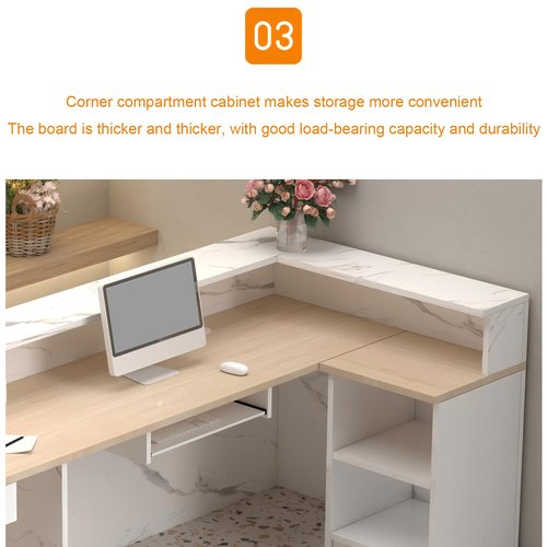l Shaped Reception Desk with Counter, Salon Front Reception Desk with LED Light & Lockable Drawer, Modern Retail Checkout Sturdy & Well Built for Lobbies, Office, SOHO, Shop