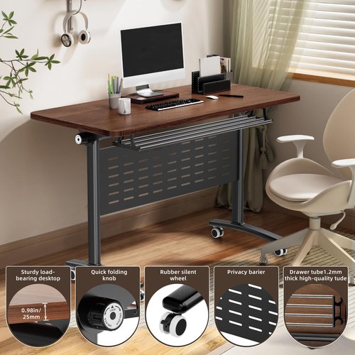 LoLuco Conference Table, Mobile Folding Conference Room Table with Wheels, Seminar Table with Flip-Top Design for Offices, Meeting Rooms and Classrooms (Black Walnut Desktop + Black Base, 63×24×30in)