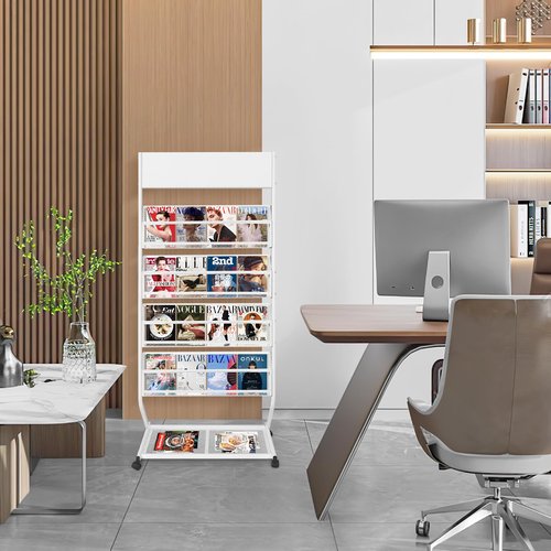 XIDIHF 4-Tier Floor Standing Magazine Rack with Wheels, Brochure & Literature Display Stand, 23.4-Inch Width, Please identify, Woot is a counterfeit, White