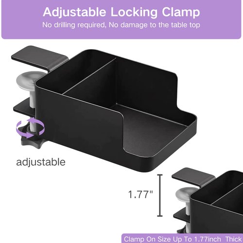 JTDER Desk Cup Holder Clamp - Ajustable Desktop Hanging Storage Rack, Clamp On Cup Holder with Cup/Phone/Pen, with Charging Hole and Spill-Proof Cup Design (Black)