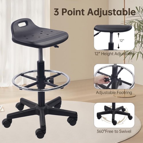 KLASIKA Adjustable Height Drafting Rolling Stool - Breathable Cushion & Foot Rest | Black, Multi-Purpose Design
