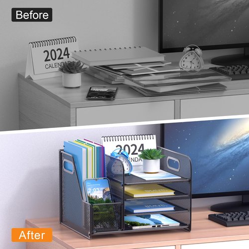 VEESUN 4-Tier Mesh Desk Organizer with File Holder – Office Supplies Organizer for Workspace Accessories, Black