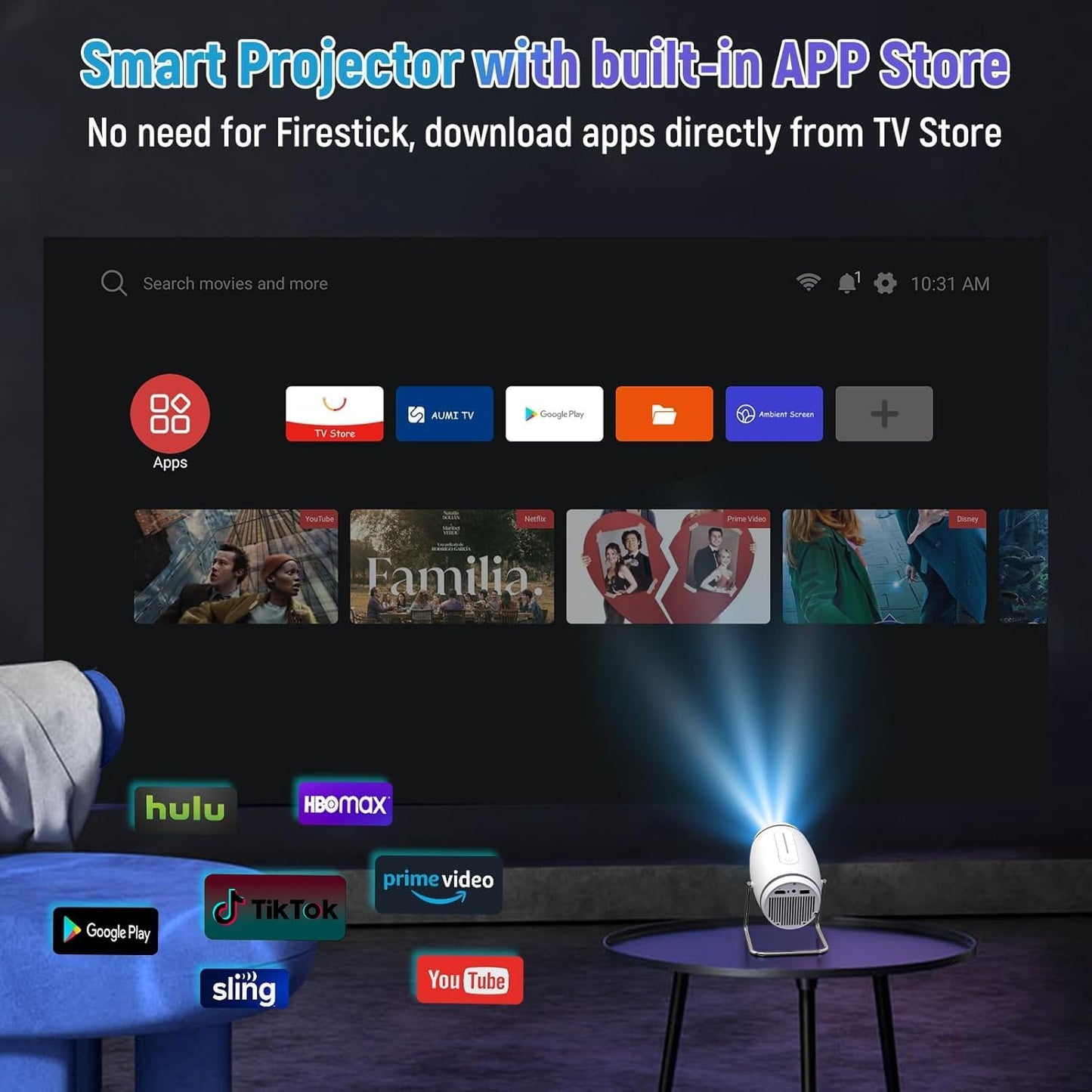Skiennix Mini Projector - 4K 1080P WiFi & Bluetooth Portable Projector | 180° Rotatable, 130'' Screen