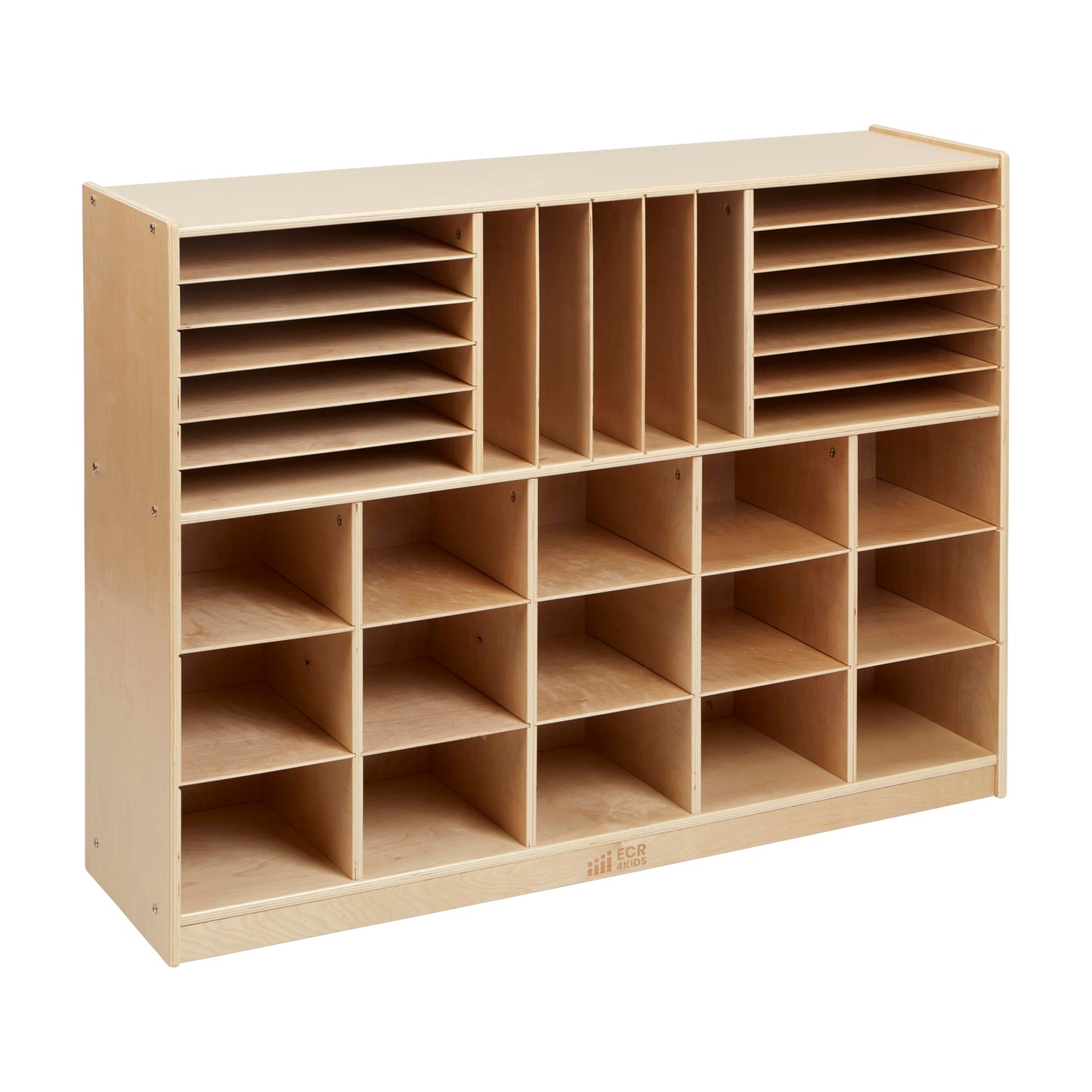 ECR4Kids Multi-Section Mobile Tray Cabinet with Cubby Storage Compartments, Kids Furniture, Natural, 48"D x 13"W x 36"H