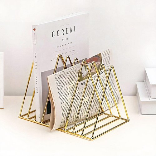 MIAO YUAN 2 PCS Desktop Triangle Book Magazine Holder, Iron Metal Book Stand File Organizer Folder Holder for Office, 9 Slots Gold Classified Storage Rack, Record Display Rack for Home Decoration