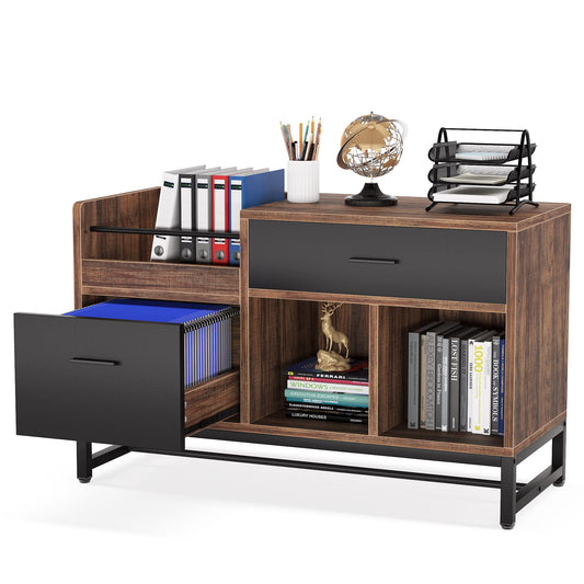 LITTLE TREE 39-Inch File Cabinet with 2 Drawers, Small Lateral Filing Cabinet Under Desk Storage, Wood Printer Stand with Open Storage Shelves for Home Office Organization