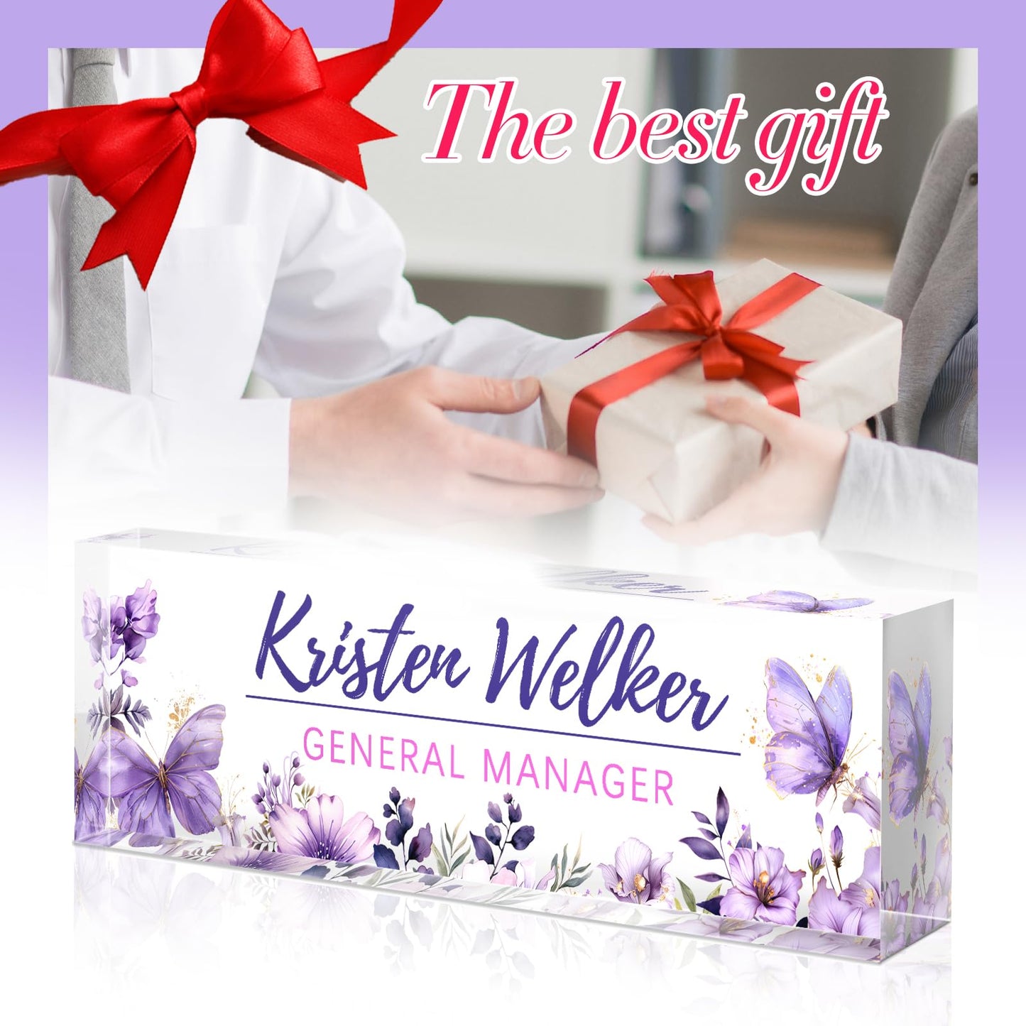 Custom Office Name Plate for Desk - Desk Name Plate Personalized Gifts for Coworkers, Boss, Employees, Teacher, Nurse - Office Desk Decor for Women Men - Employee Appreciation Gifts (Purple Garden)