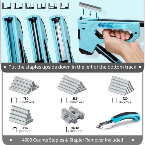 SHALL 6-in-1 Staple Gun Heavy Duty - Upholstery Stapler Nail Gun with 4000 Counts Staples, Manual Brad Nailer with Staple Remover for Wood, Crafts, Fabric, Cable, Wall, Decoration, Furniture