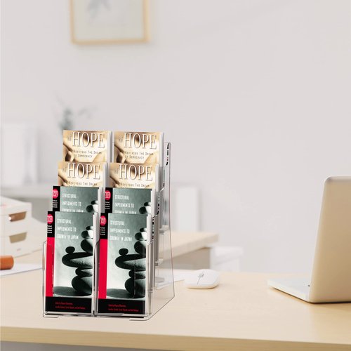 zavekia 4 Tier Acrylic Brochure Holder 8.5 x 11 inch, Clear Literature Organizer Magazine Stand with Removable Divider for 4 x 9 inch Brochures,Magazine Holder,Flyer Holder