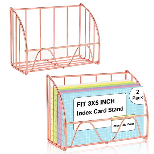 2 PCS Index Card Display Stand 3x5 Inch Business Card Stand Gold Metal Index Card Holder Greeting Cards Holders Capacity 200 Sheets Business Cards Organizer Desk Table Home Office (Rose Gold)