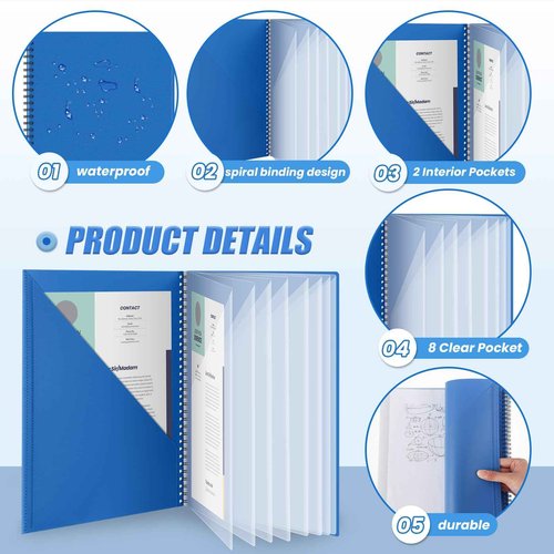 8 Pcs 10 Pocket Folder Bulk Plastic Spiral Project Organizer for Documents Papers Homework Portfolio Folder Binder with Plastic Sleeves School Office Supplies (Blue)