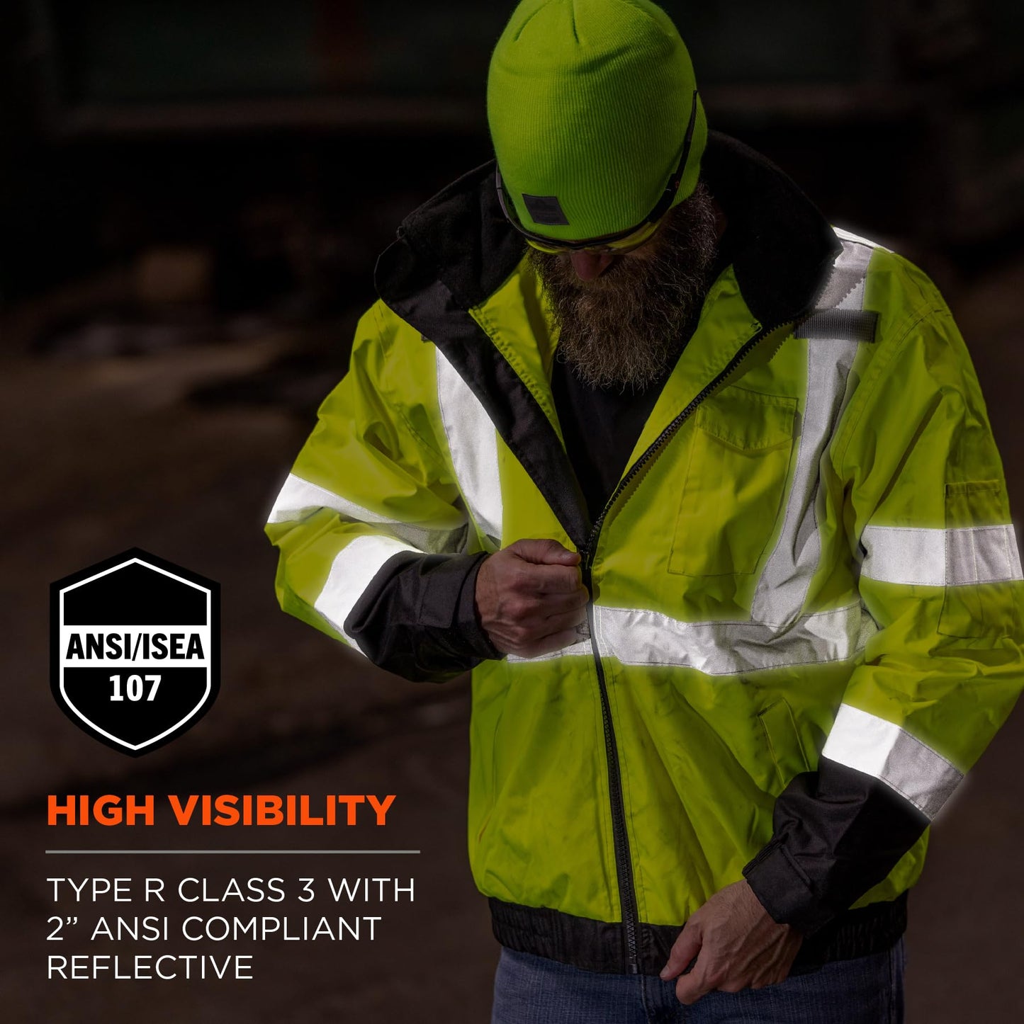 High Visibility Reflective Winter Bomber Jacket, Zip Out Fleece Liner, ANSI Compliant, Ergodyne GloWear 8379
