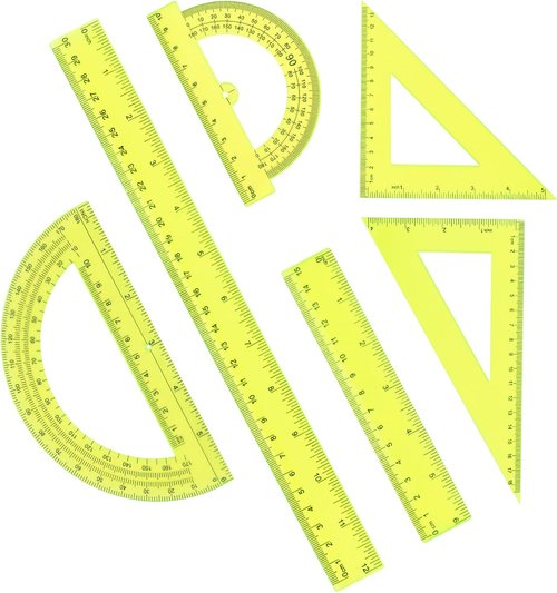 Plastic Clear Ruler Math Set - 6" & 12" Straight Rulers, Protractors & Triangle Rulers | Yellow