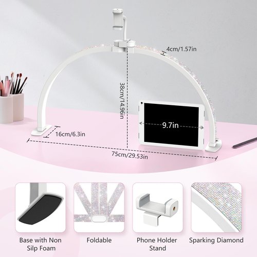 Half Moon Light for Nail Desk: 29" Foldable Half Moon Nail Desk Lamp with Phone Holder for Nail Beginner - Arch Nail Tech Light with 3 Color Modes & 10 Brightness for Manicure Salon (Diamond, Large)