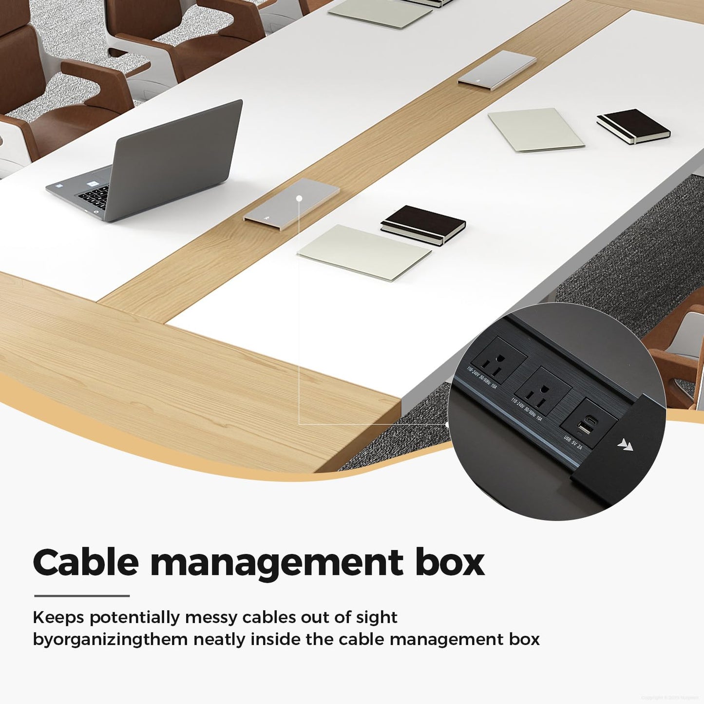 10 ft Conference Table for 10 People, Large Meeting Table with Built-In Power Outlet, Cable Management & 2-Inch Thickened Tabletop, Office Conference Room Table, Walnut and Grey, 118"L x 52"W x 30"H