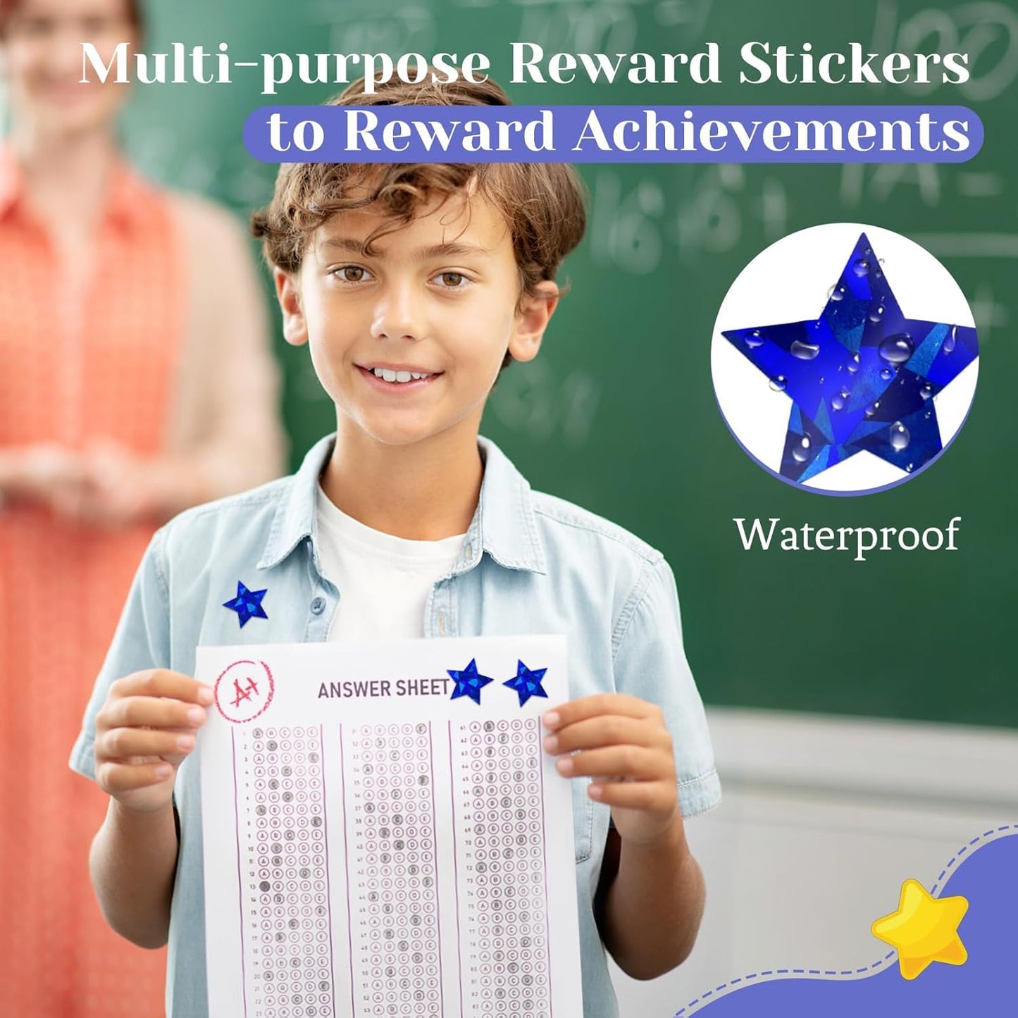 Skiennix Holographic Blue Star Stickers - 500 PCS Self-Adhesive Glitter Foil Labels for Kids & Teachers
