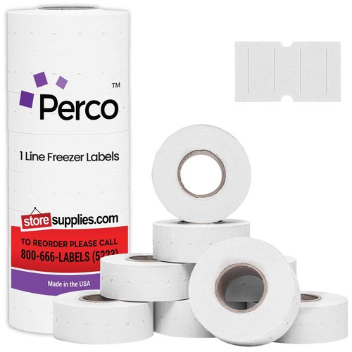 Perco 1 Line Freezer Adhesive Labels - 8 Rolls, 1 Sleeve, 8,000 Blank Price and Date Gun Labels for Perco Lite, X, Plus and Pro 1 Line Price and Date Guns - Made in USA