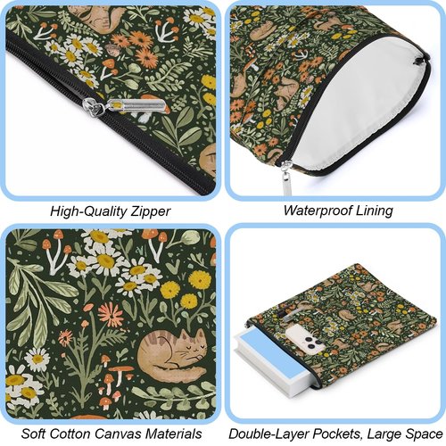 Book Sleeve Book Protector Book Pouch Book Lovers Gifts Bookish Gifts Book Cover with Zipper for Hardcover Paperback Washable Floral Cat Printed Gift Bag for Women Teacher Reader, BookCover