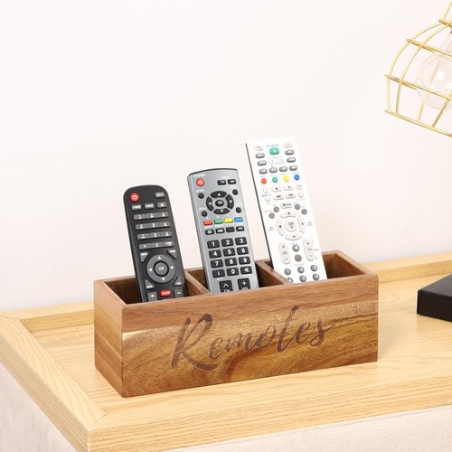 COOLEX Remote Control Holder, Acacia Wooden Pencil Holder TV Remote Holder with 3 Compartments, Remote Caddy for Table, Small Desktop Organizer for Home Office