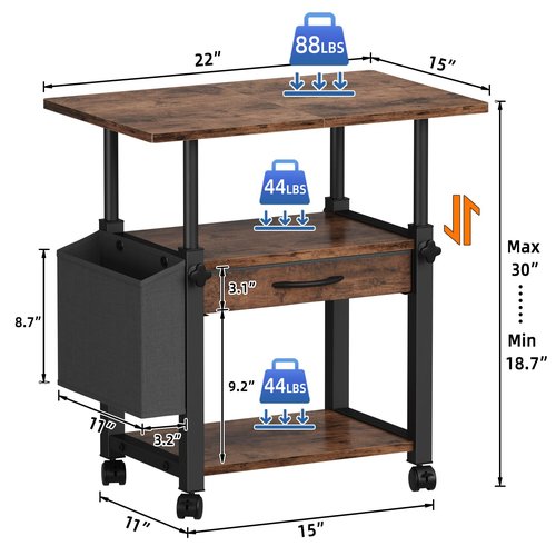 YAOHUOO Large Printer Stand with Storage Drawer and Side Bag, 3-Tier Height Adjustable Table for Home Office, Fits Heat Press/Laser/3D Printer (Rustic Brown)