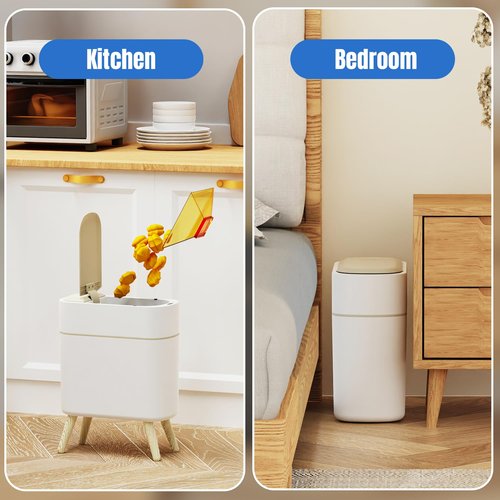 Yatmung Motion Sensor Bathroom Trash Can with Lid 2.5 Gal Smart Trash Bin - Waste Basket for Bedroom, Office, Living Room - Slim Bathroom Garbage Can Automatic Touchless - White with Wooden Legs