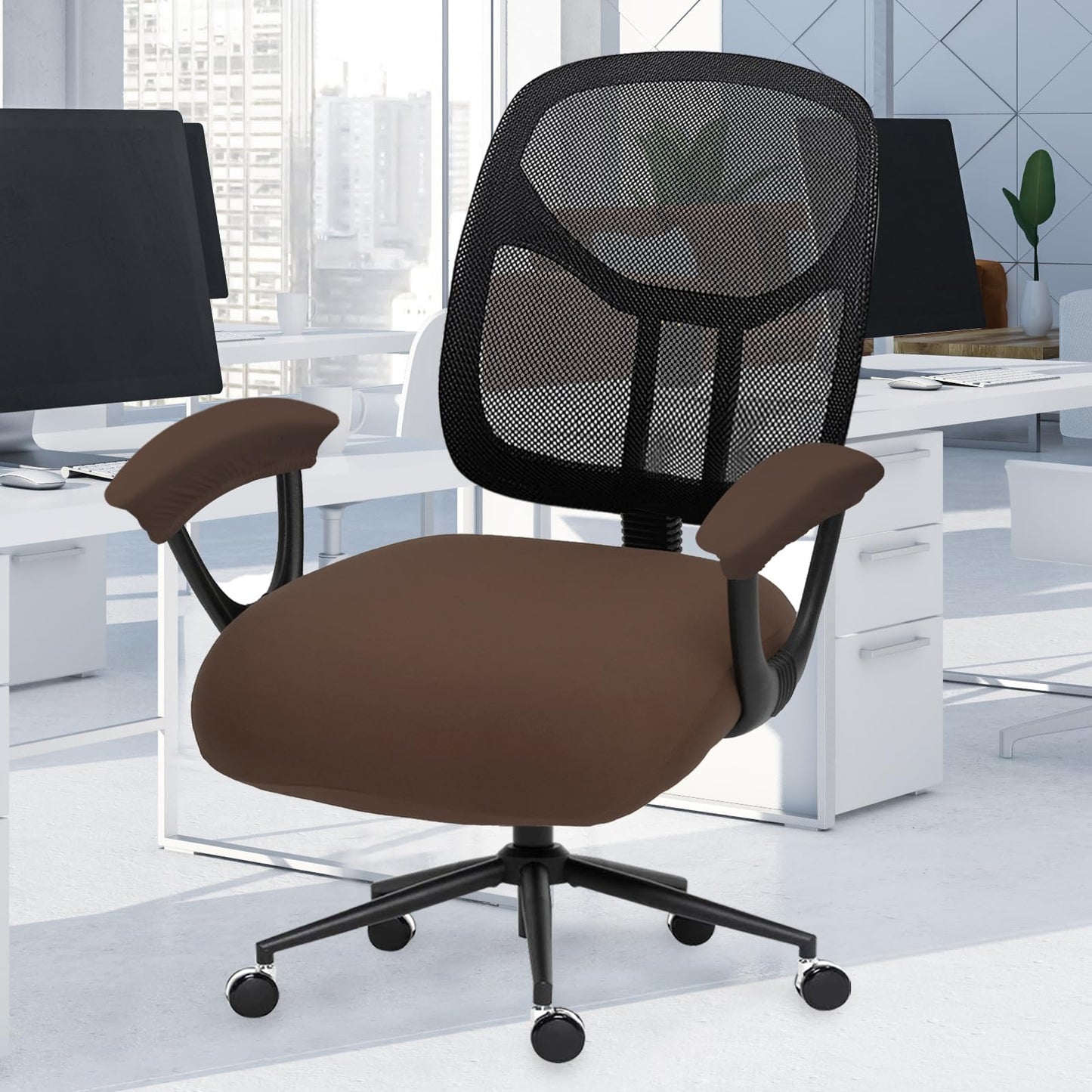 DIVA EN CAMINO DEC Stretchable Office Chair Seat Cushion Covers with Armrest Covers - Computer Chair Slipcover - Anti-Scratch Dogs, Cats, Pets Removable Washable Cushion Protectors (Mocha)