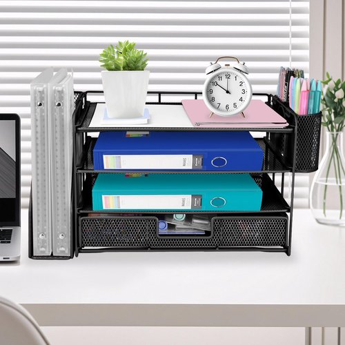ATOMUS 4 Tier Desk Organizer, File Organizer Drawer Organizer with 2 Hanging Pen Holders Accessories & Workspace Organizers for Office Supplies Pull-Out Design (Black)