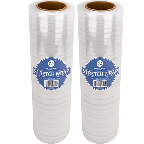 NEXCOVER 18 Inch Stretch Wrap - 1200 Feet | 60 Gauge, 2 Roll Clear Plastic Self-adhering Stretch Wrap Film for Pallet Wrap, Thick and Durable Packing Moving Supplies Heavy Duty Shrink Film.