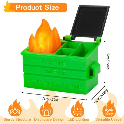 HOMQYTE Dumpster Pencil Holder with Flame Light and Charging Port Dumpster Pen Holder Desk Accessories for Office Christmas Decor (Green, 1P)