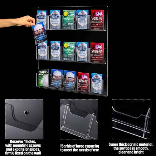 15 Pockets Clear Acrylic Brochure Pamphlet Holder Brochure Display Stand Business Tri Fold Brochure Multi Slot Holder Rack Wall Mount Pocket for Literature Menu Document Flyer Advertise Supplies