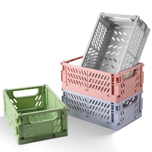 HUUSMOT 4-Pack Small Pastel Plastic Storage Baskets, Collapsible Crates for Organizing, Space-Saving Mini Bins for Classroom, Kitchen, Office, Bedroom (9.8" x 6.5" x 3.8")