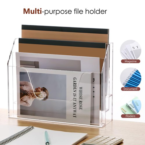 Tfirhuoe Wall Hanging File Folder Organizer for Desk, 3-Tier Acrylic Magazine Rack Wall Mount File Holder, Clear Paper Document Office Organizer - 1 Pack
