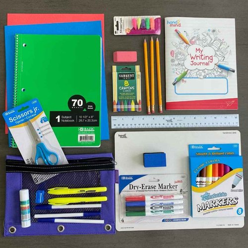 hand2mind School Supply Kit Deluxe, Back to School Supplies for The Classroom or Home, Classroom Essentials, Spiral Notebook, Pencil Pouch, Pens, Rulers, Dry Erase Board, Crayons, Dry Erase Eraser