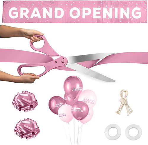 Upper Midland Products Deluxe Grand Opening Ribbon Cutting Ceremony Kit - 25" Giant Scissors, Pink Satin Ribbon, Banner, Bows, Balloons & More