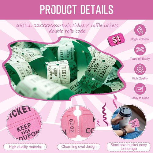 Kosiz 12, 000 Tactical Raffle Tickets, Double Roll, Raffle Tickets 2000 Tickets per Rollfor Events, Carnivals, Entry, Drink/Food Tickets, Classroom Reward, Bingo, Auction, Prizes, 6colors