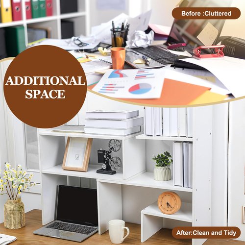 Briwooody Expandable Dorm Desk Dutch Adjustable Desktop Bookshelf Wooden Desktop Storage Organizer Bookcase Cubby Book Rack for College Dorm Home Office Furniture(White)