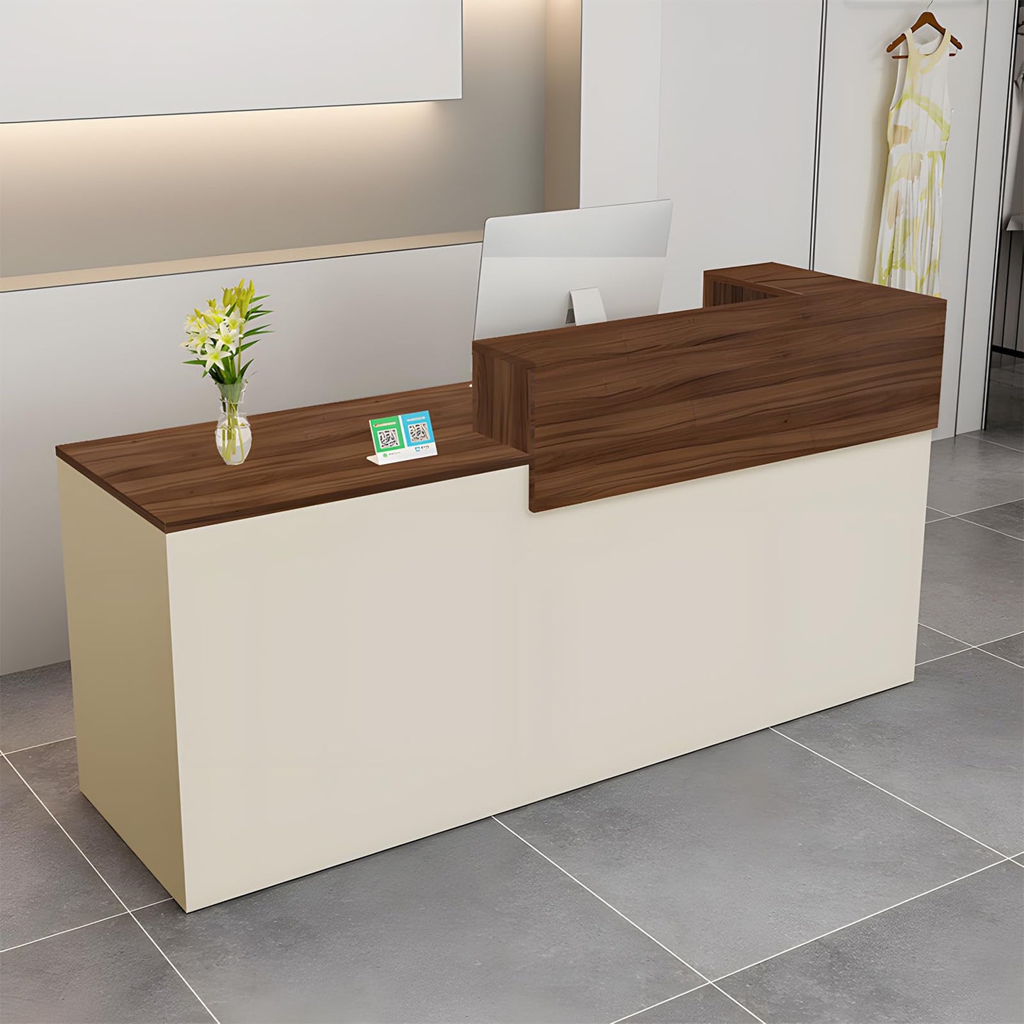 Modern Reception Desk with Drawer & Open Shelves, 39-95 Inch Front Counter Table, Computer Workstation Suitable for Salons, Offices, Lobbies, Retail Stores and Home Offices